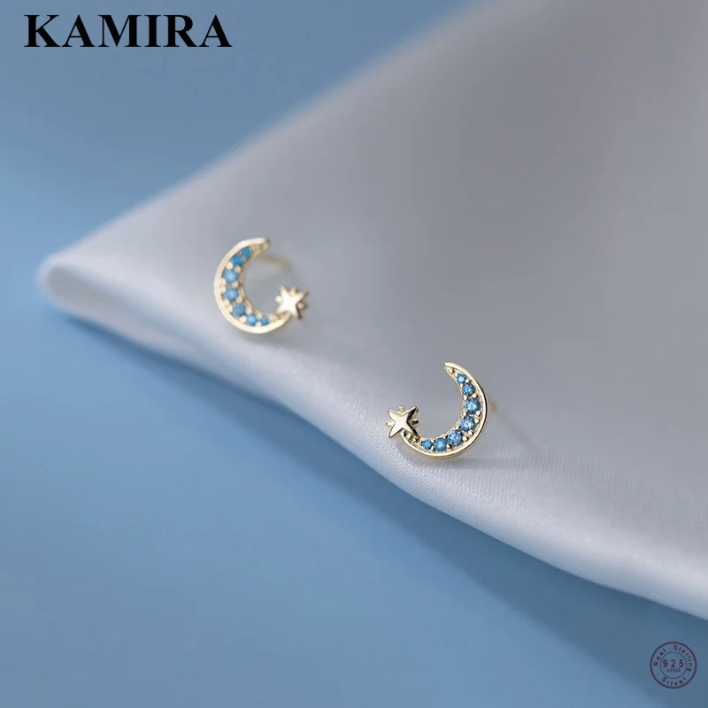 

KAMIRA 925 Sterling Silver Korean Star Moon Shiny Blue Zircon Piercing Stud Earrings for Women Party Romantic Simple Jewelry 피어싱
