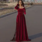 Бархатное вечернее платье Smileven, бордовое, с длинным рукавом, с кружевами, для выпускного, из Дубая, 2020