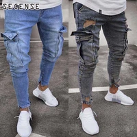 men jeans casual safari style pencil pants slim male denim trousers big pocket cargo streetwear plus size 4xl secense