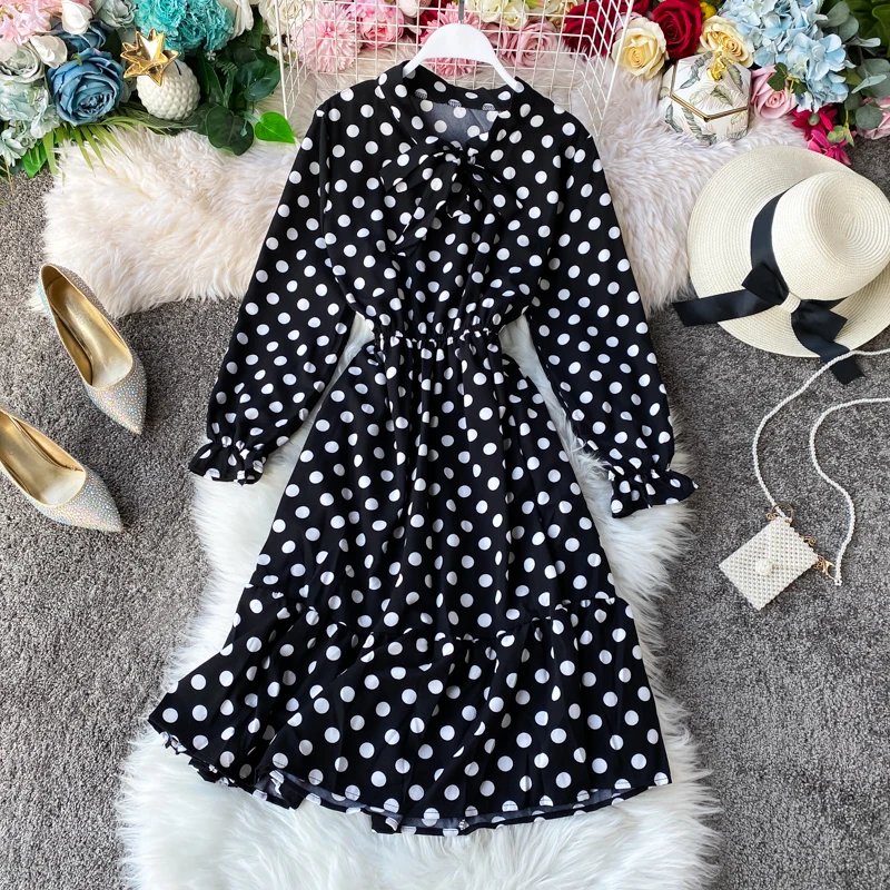 Летнее сексуальное платье в горошек с длинным рукавом и бантом шифоновое для