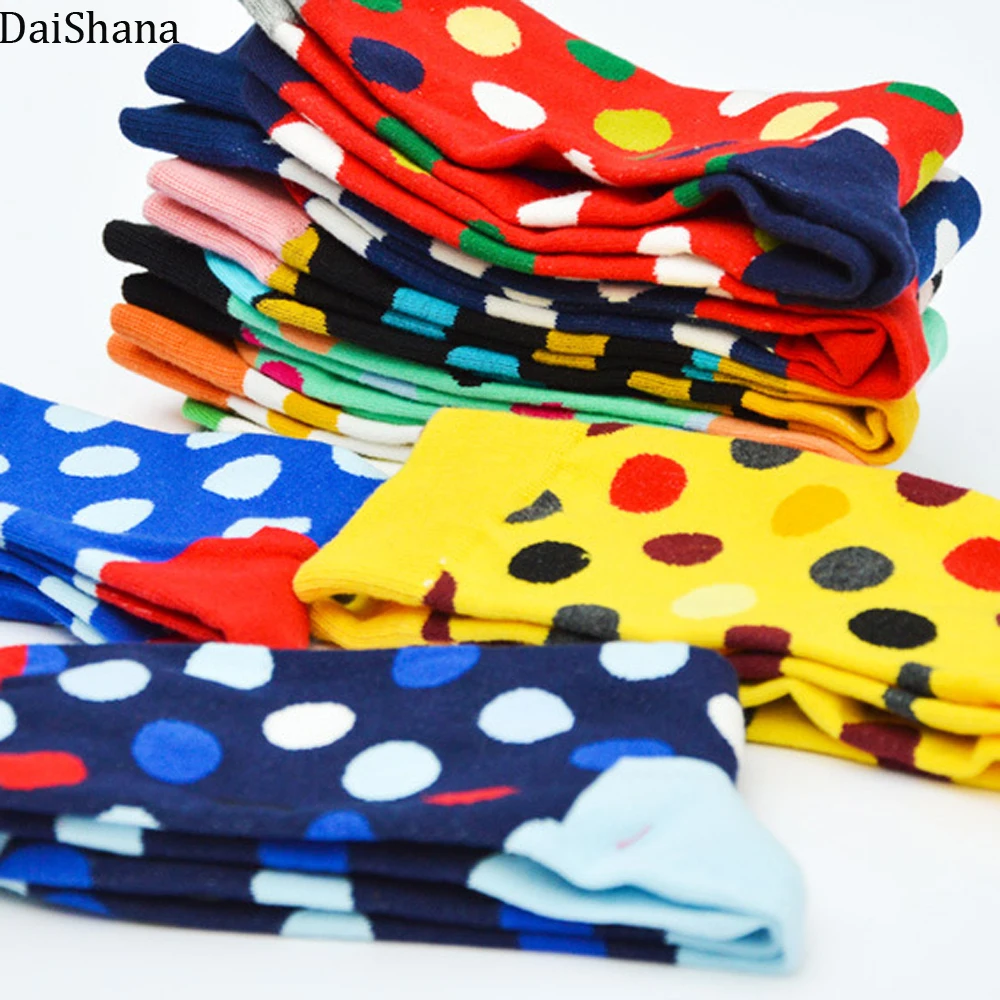 Модные цветные хлопковые мужские носки в горошек с надписью «Happy Socks», фирменные забавные носки Harajuku Caual, женская пара
