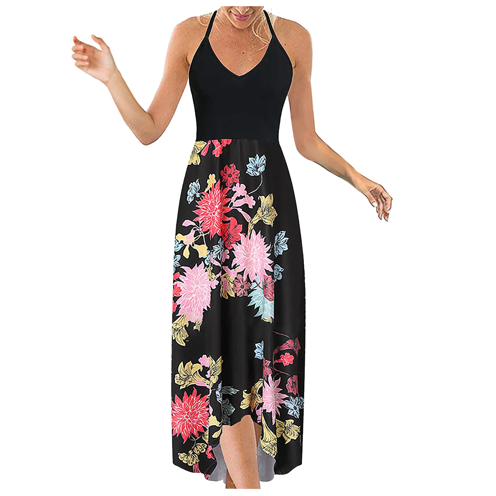 

Summer Dress Women Sleeveless Flroal Printed Ruched Party High Split Long Maxi Dresses Sexy Vestidos Sundress Halter Robe Longue