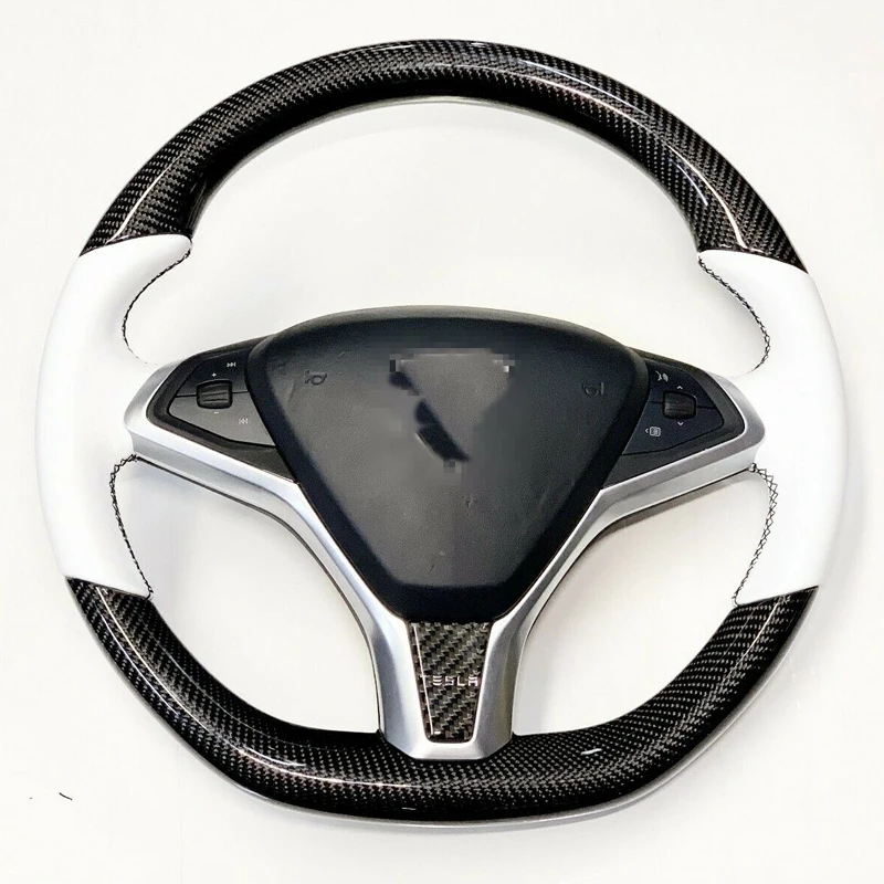 

DIY Hand-stitched Car Steering Wheel Cover Carbon Fibre White Leather for Tesla Model S Model X