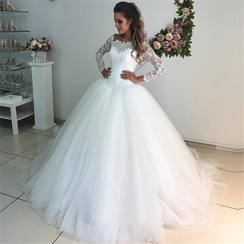 NBW006 robe de mariee кружевное простое бальное свадебное платье с длинными рукавами 2019