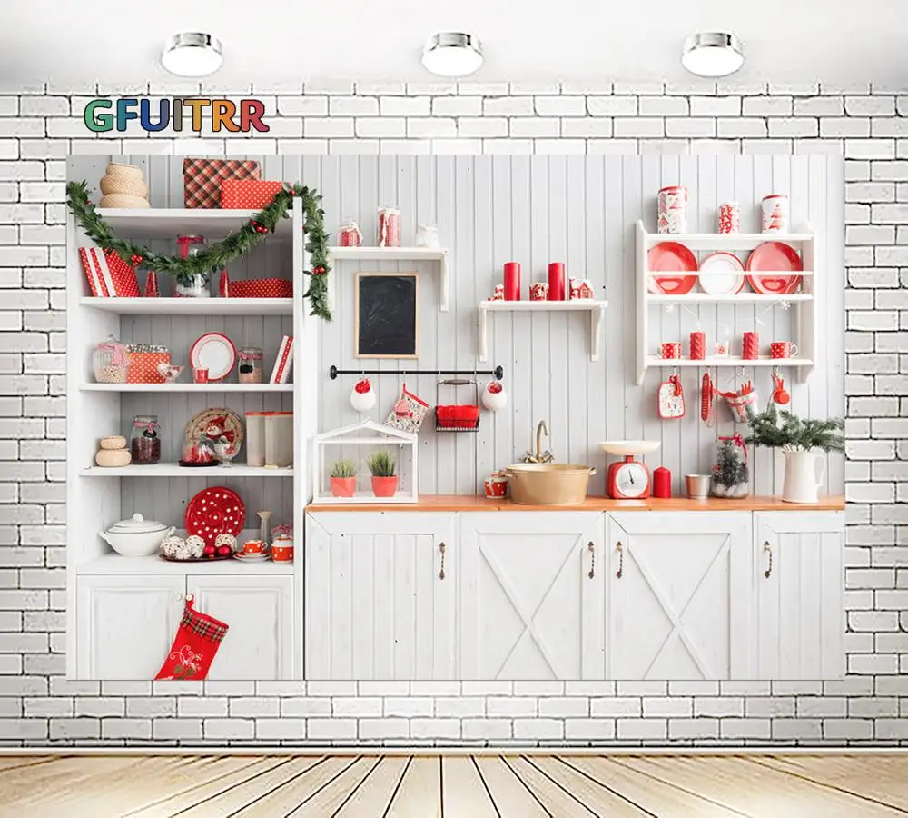 Фон для фотографий GFUITRR с изображением интерьера белая кухня и красный