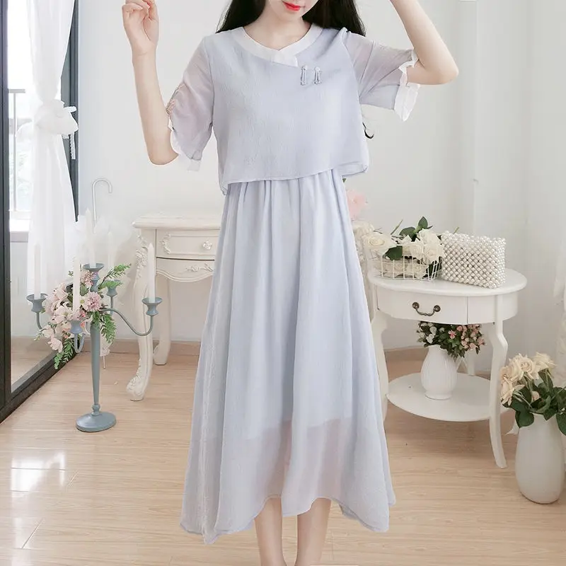 

Literature and art retro mid-length embroidery chiffon dress 2021 fashion new temperament casual dress female foreign style