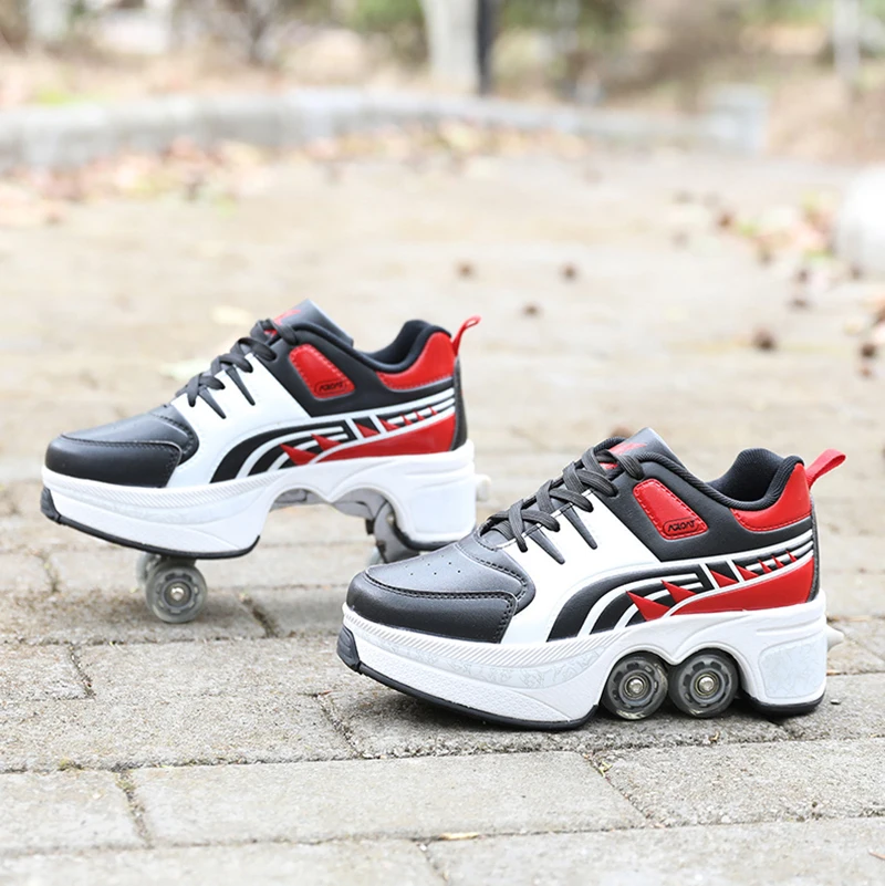 

PU Leather Deformation shoes adult boys and children students roller skates blasting shoes women's skate shoes skating blue