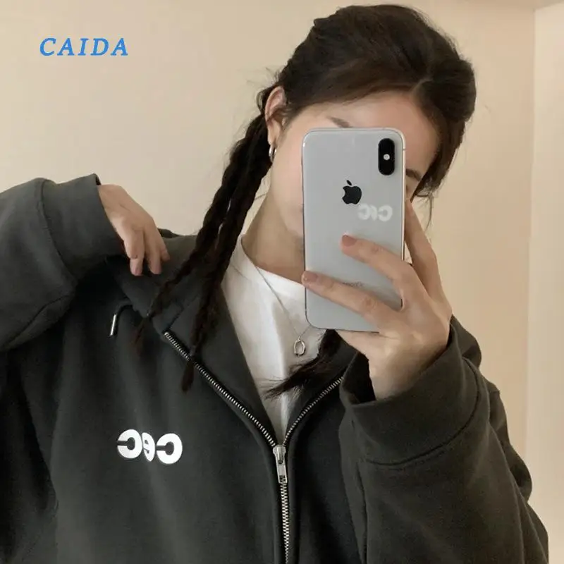 

CAIDA Hooded Sweater Letter Coat For Women Loose Black Grey Top Cardigan Thin Zipper Hoodie Women 2021 New Dropshipping