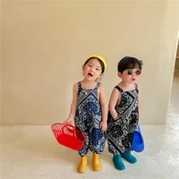 7982 children clothes girl overalls summer 2021 blue and white porcelain boy one piece suit casual loose girl jumpsuit outfits