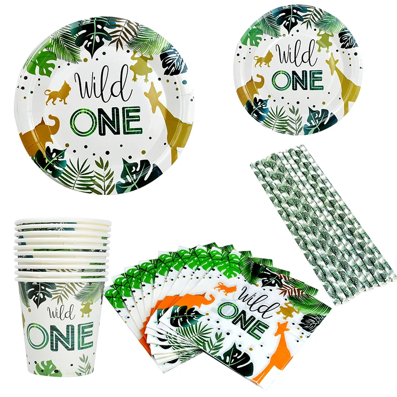 

Tableware Sets Jungle Safari Wild One 1st Birthday Decor Party Supplies Disposable Napkins Dinnerware Paper Plates Straws Cups