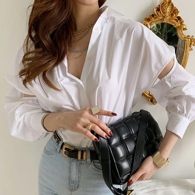 

Женская винтажная блузка на пуговицах, белая Повседневная Блузка с пышными рукавами, корейский стиль, большие размеры, на весну