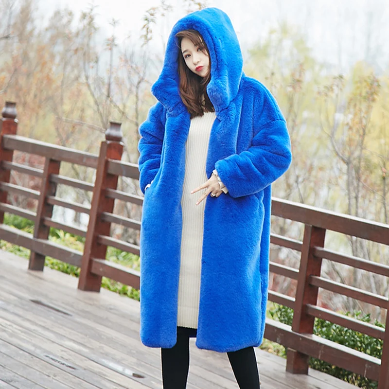

Winter Women High Quality Faux Fur Coats Luxury Long Loose Lapel Hooded Overcoat Thick Warm Oversized Female Velvet Outerwear