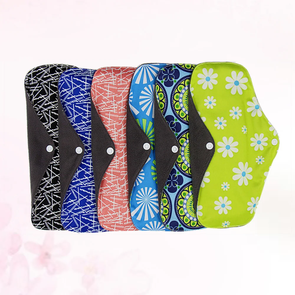 

6pcs Washable Reusable Sanitary Towel Portable Foldable Breathable Bamboo Charcoal Cloth Menstrual Pads with Storage Bag (Random