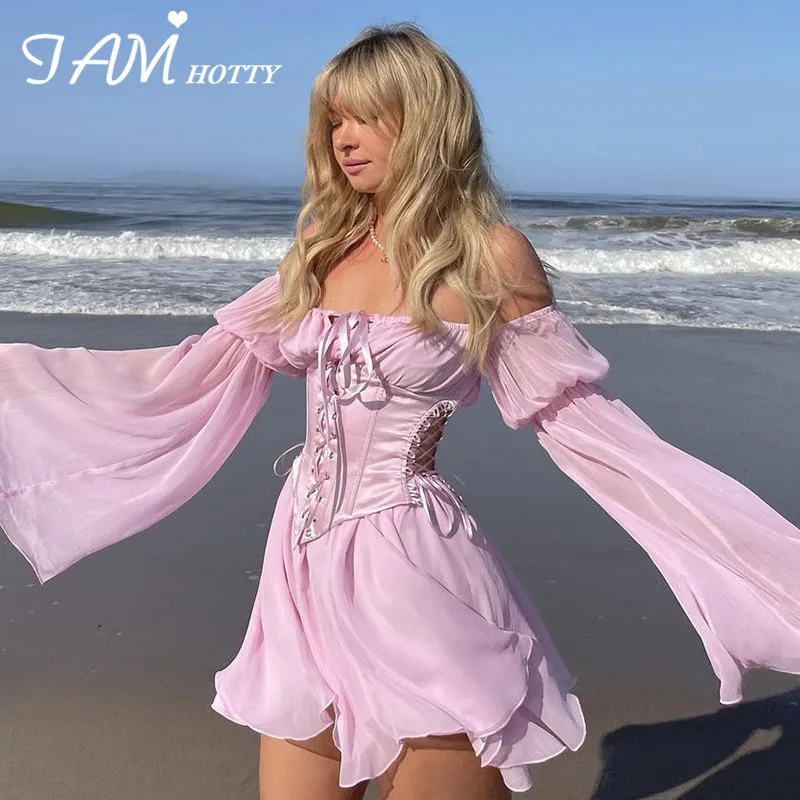 IAMHOTTY-Vestido corto de gasa con cuello destapado para mujer, minicorsé de manga larga, informal, color rosa, ideal para fiesta y vacaciones de verano en la playa