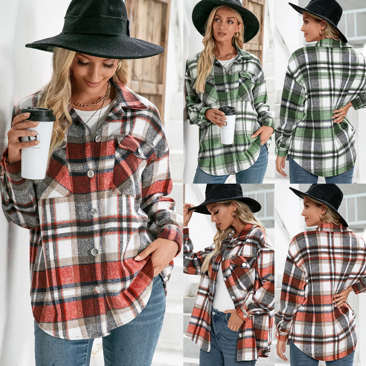 

2021thickened Large Women's Cashmere Long Sleeve Plaid Top Loose Casual Shirt Coat