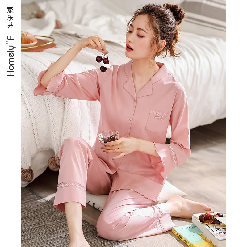 Mercerized Cotton Pajamas Womens Spring Summer Pure Cotton 34 Sleeve Long Sleeve Home Wear Cotton Spring and Autumn Thin