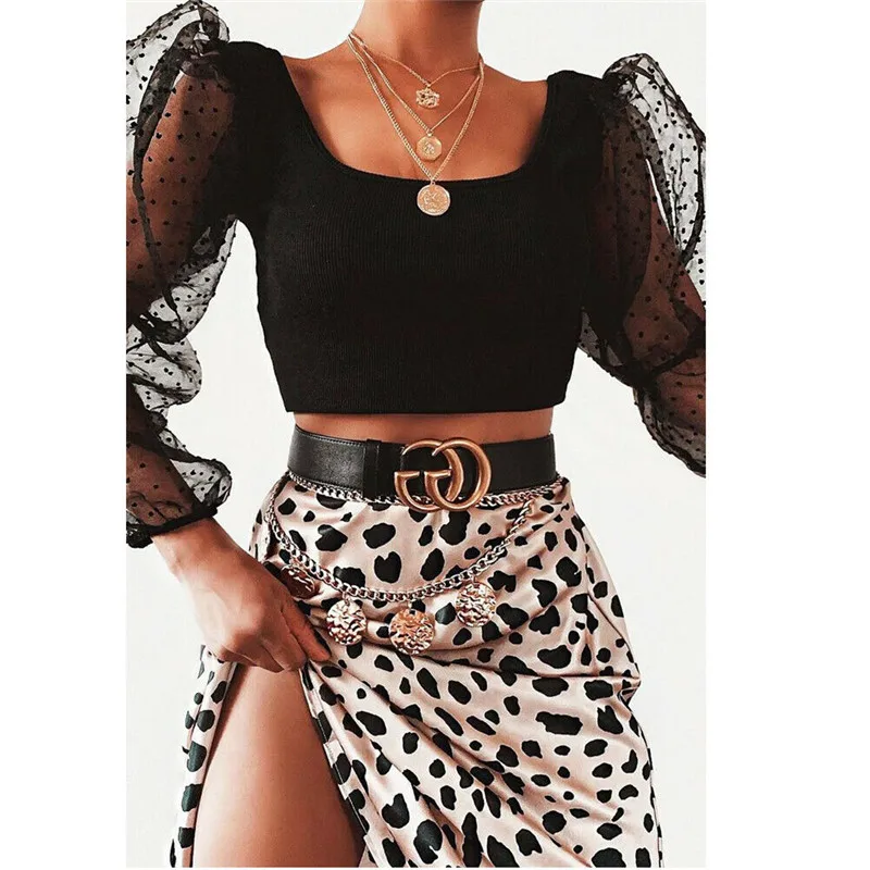 

HOT Women Summer Puff Ruffle Crop Top Shirt Sheer Mesh Sleeve Off Shoulder Blouse Shirts Top