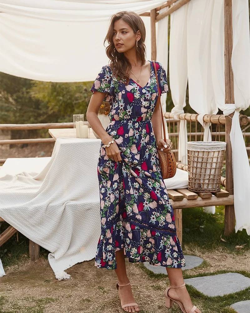 

Summer Women V-Neck Short Sleeve High Waist Printed Dresses Yellow Cotton Pullovers Slim Robes Lace Patchwork Red Floral Dress