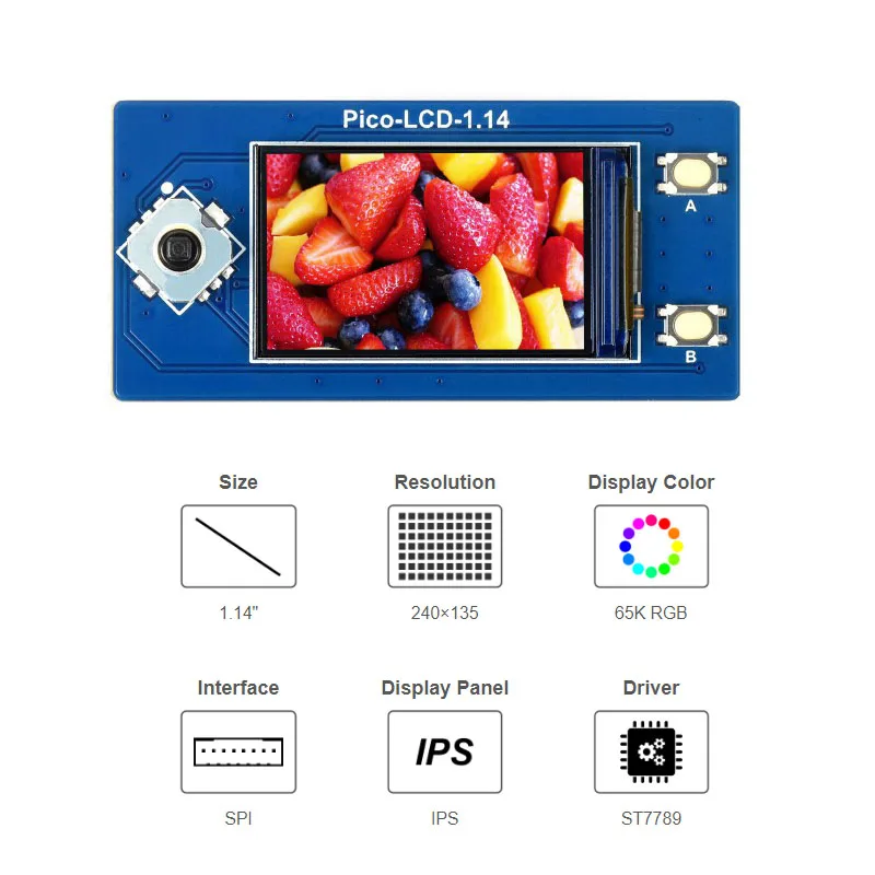 

1.14inch LCD Display Module for Raspberry Pi Pico, 65K RGB Colors IPS Screen 240×135 Resolution SPI Interface