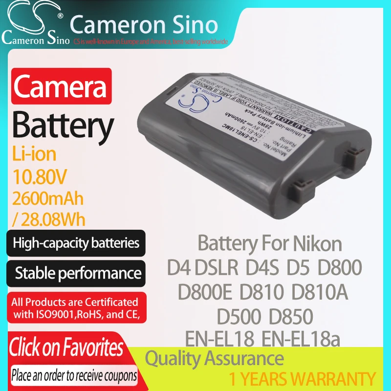 

CameronSino Battery for Nikon D4 DSLR D4S D5 D800 D800E D810 D810A D500 D850 fits Nikon EN-EL18 Digital camera Batteries 2600mAh