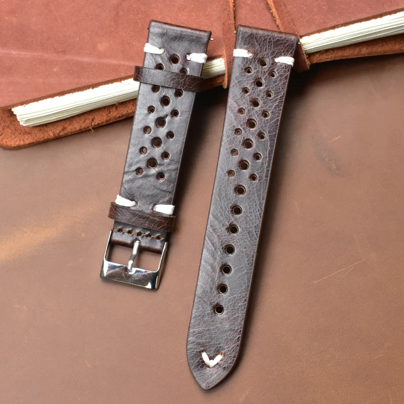 dark brown wh line Ремешок Onthelevel из воловьей кожи в стиле ретро, пористый ремешок для часов 18 мм, 19 мм, 20 мм, 22 мм, дышащий ремешок для часов с быстроразъемными ремешками# D - Цвет ремешка: dark brown wh line