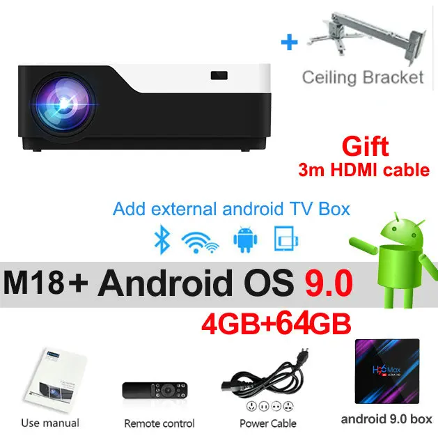 Android9 64G bracket Vivicine M18 1080p светодиодный проектор, дополнительно Android 9,0 HDMI USB PC Full HD домашний мультимедийный видеопроектор - Цвет: Android9 64G bracket