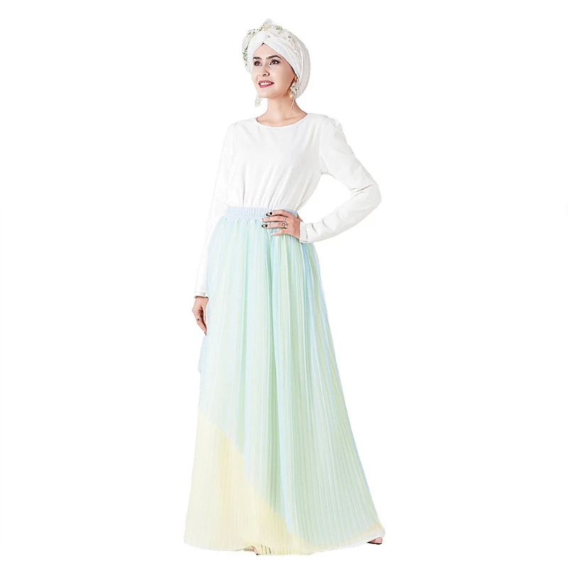 

Summer New Middle East Dubai Robe Abaya Southeast Asian Muslim Double Pleated Color Mesh Elastic Waist Half Skirt Long Skirt