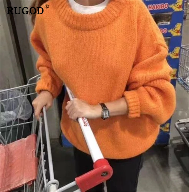 RUGOD Korean oversized sweater Fashion ins solid round neck long sleeve knitted pullovers Vintage mutil color auturm winter coat | Женская