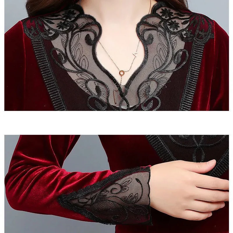 

Vintage Velvet women dresses casual oversize lace V-neck patchwork long party dresses ladies elegant slim plus size 4XL dress