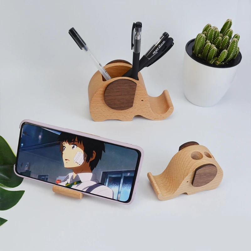 

Creative Designed Wood Made Elephant Phone Stand Pen Holder Desk Cup Organizer Cute Wooden Case for Pencil Container