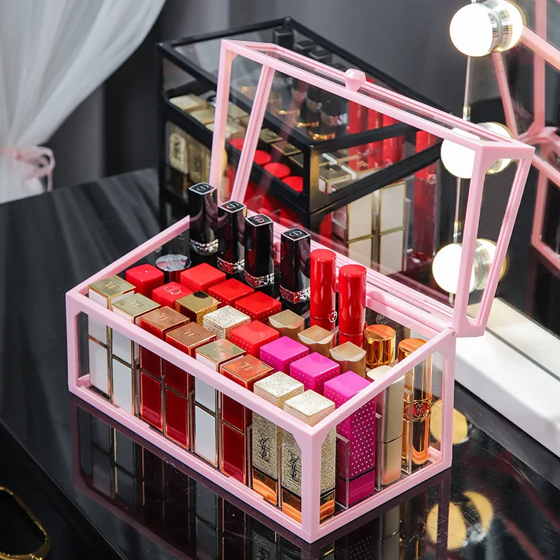 

18/32 grid flip cover dustproof lipstick storage box finishing box desktop glass transparent cosmetic box slot lipstick