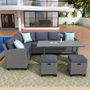 Patio Furniture Set 5 Pcs Outdoor Conversation Set All Weather Wicker Sectional Couch Sofa Dining Table Chair w/ Ottoman&Pillow