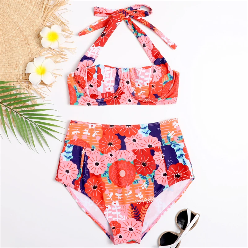 

Sexy Bikinis Push Up Swimwear Women 2022 New Floral Swimsuit Halter Bandage Beachwear High Waist Bikini Set Female Bathing Suit