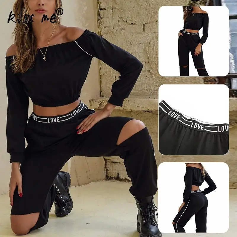 Черный женский спортивный костюм с открытыми плечами спортивная одежда для бега