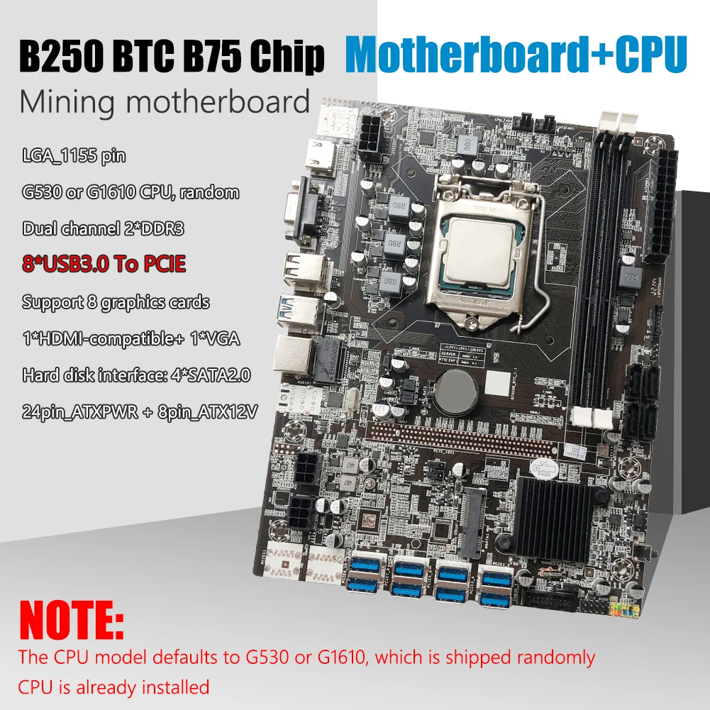 

BTC B75 Mining Motherboard With CPU Set LGA1155 8*PCIE To USB3.0 Supports 8 GPU Graphics Card DDR3 DIMM RAM for BTC ETH Miner