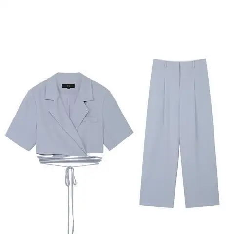

Women Short Crop Blazer Suits Wide Leg Pants Suit Notched Blazers Jackets With Trouser Two Pieces Set Light Gray