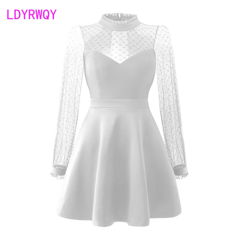 

Nightclub deep V-neck waistband perspective long sleeve dress low cut back Polyester Office Lady Sheath