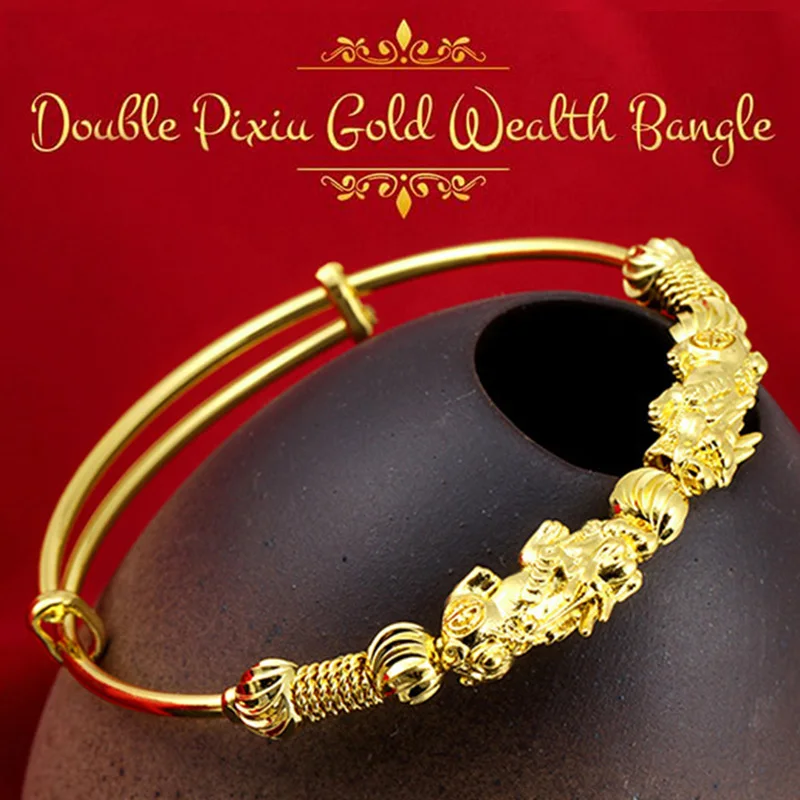

Double Pixiu Golden Wealth Bangle Retro Ethnic Style Adjustable Women Bangle C44