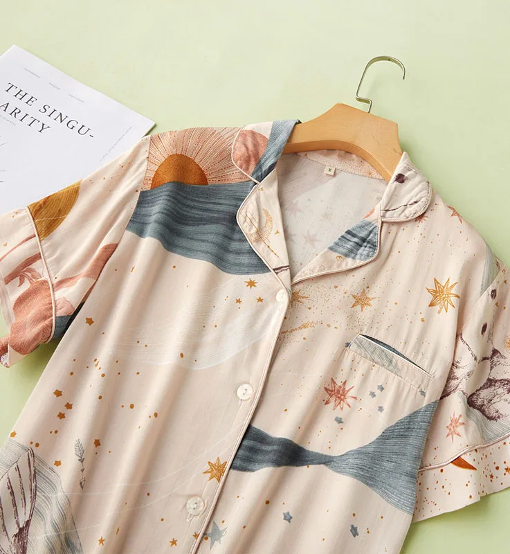 Пижама женская хлопковая с коротким рукавом и принтом звездного неба | Женская