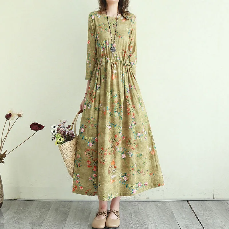 

Women Cotton Linen Casual Dress New Arrival 2021 Summer Vintage Style Floral Print Ladies Elegant A-line Long Dresses