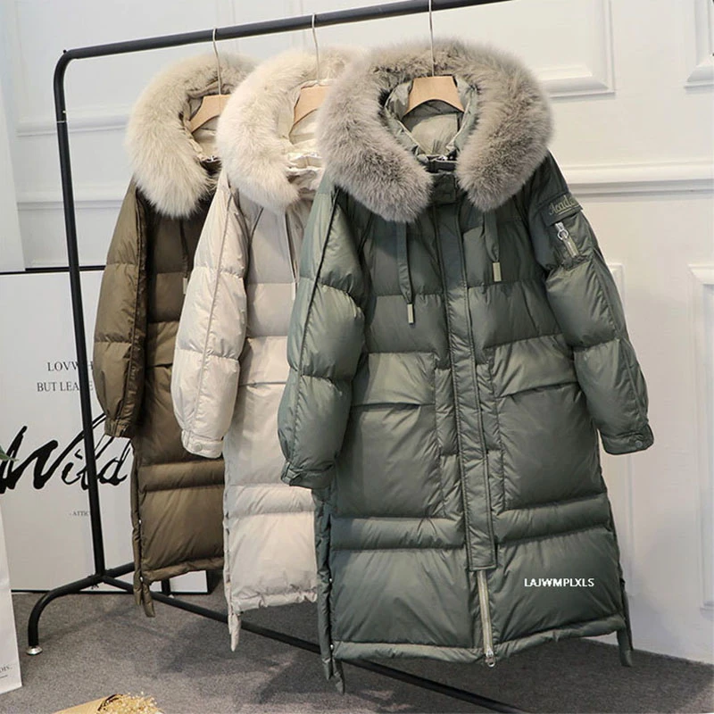 

Winter 90% White Duck Down Parka Women Warm Large Real Natural Fox Fur Collar Hooded Long Thicken Jackets And Coats Down Outwear