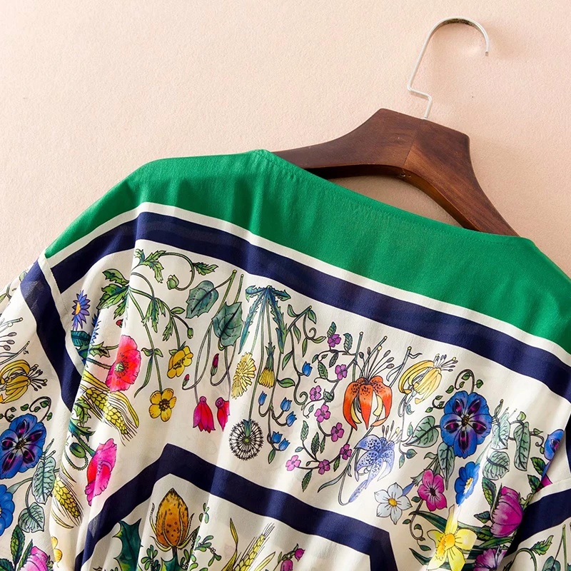 

AELESEEN Runway Fashion Silk Dress 2020 Spring Summer Flower Print 3/4 Sleeve Waist Elastic Mini Party Holiday Dress Vestidos