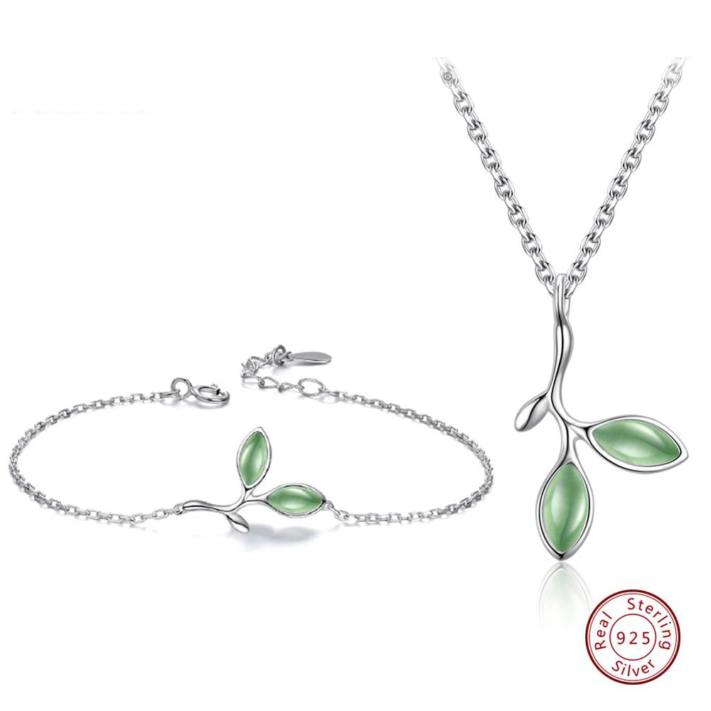 Bracelet Necklace Effie queen 925 пробы Серебряные Ювелирные наборы для женщин форма зеленого листа кошачий глаз камень ожерелье/серьги/Кольцо/браслет TSS21 - Цвет камня: Bracelet Necklace