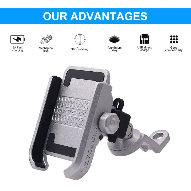

360 Degree Universal Waterproof 12V 24V Motorcycle Scooter Handlebar Rearview Mirror Phone Holder Mount Bracket USB Charger For