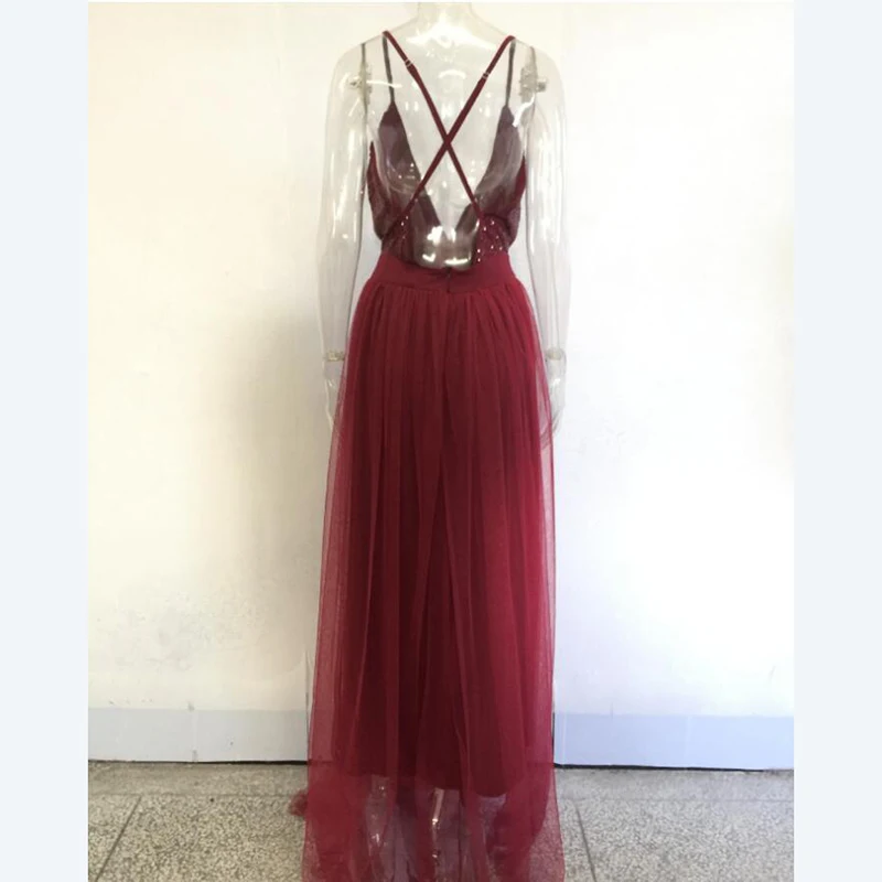 2019 Summer Women Sequined Screen Yarn Spliced Chiffon Dress Suspension Belt Deep V Sexy Bare Back Nightclub Party Dresses | Женская