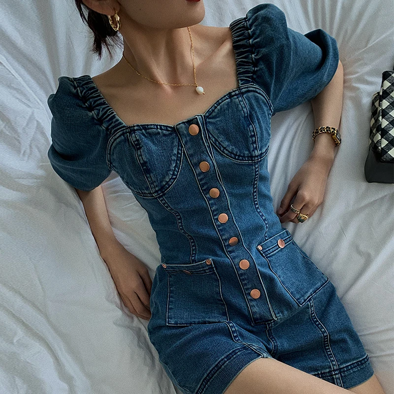 

Unua amo Sexy Off-shoulder Denim Playsuits Women Long Sleeve Romper Square Collar Single-breasted Temperament Female Jumpsuit