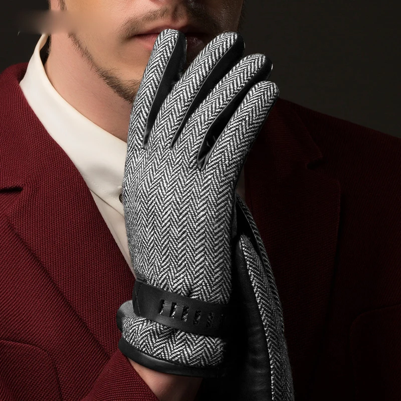 

Перчатки мужские из натуральной кожи, шерстяная ткань и овчина, пэчворк, в британском стиле, кожаные для вождения NM780