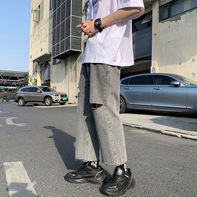 

Ripped Jeans Men's Korean Casual Jeans Men's Fashion Straight Jeans Men's Streetwear Retro Hip-hop Denim Trousers Men M-2XL