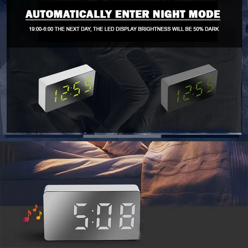 

LED Multifunctional Mirror Clock Digital Alarm Snooze Display Time Night LCD Light Table Desktop USB 5v/No Battery Home Decor