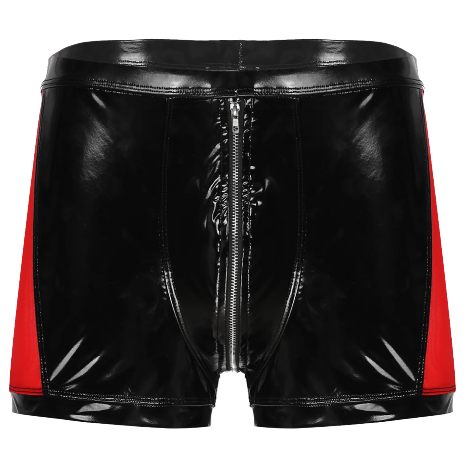 

Wetlook Patent Leather Boxer Shorts Lingerie Men Latex Trunks Clubwear Contrast Color Sheer Mesh Patchwork Zipper Crotch Shorts
